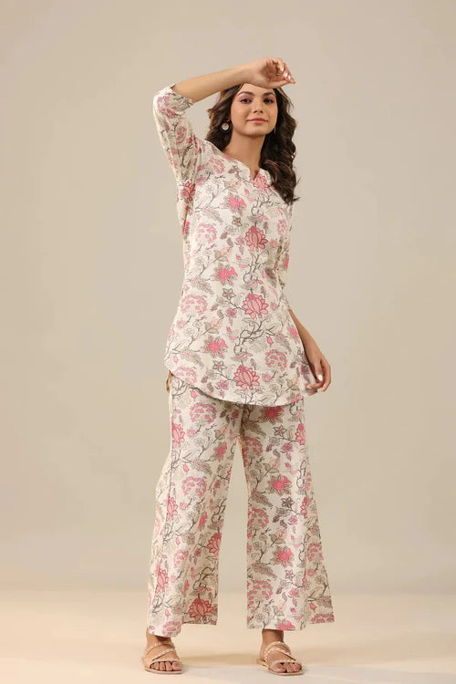 White With pink Flower Co-Ord Set