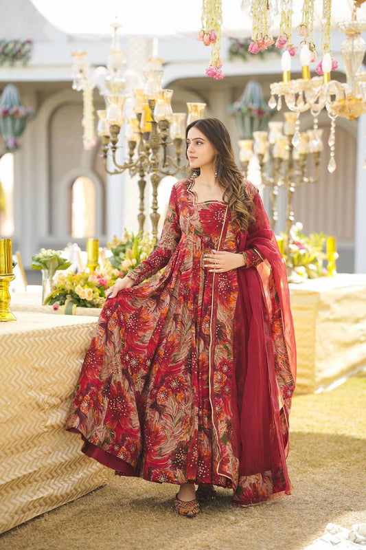 NEW FANCY GOWNS WITH RED DUPATTA FOR WOMEN